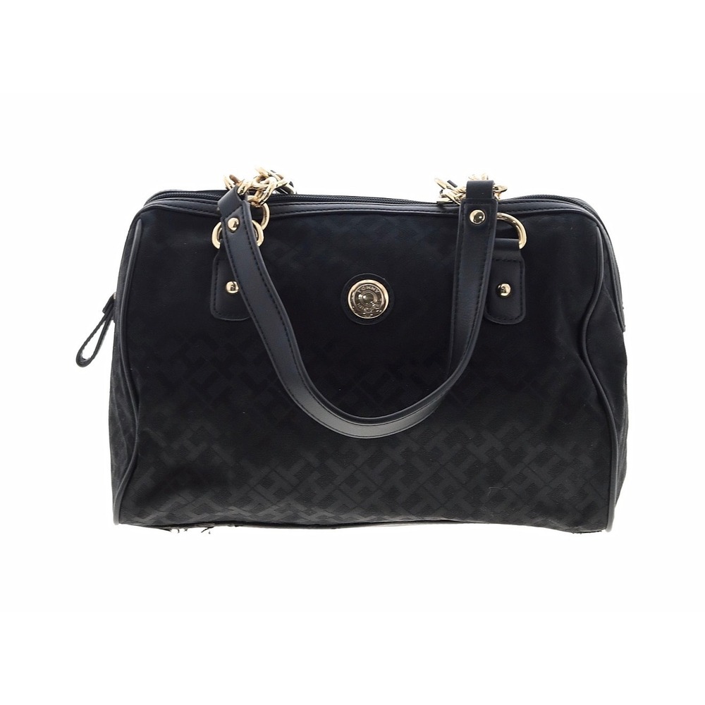 Tommy Hilfiger Black Monogram Jacquard Satchel Shoulder Bag Preppy Boston Style